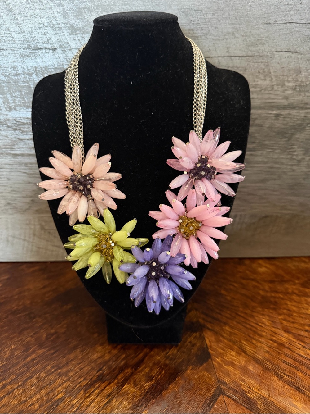 Statement Floral Necklace Multicolor Pink Purple Green Boho Beaded Silver Tone